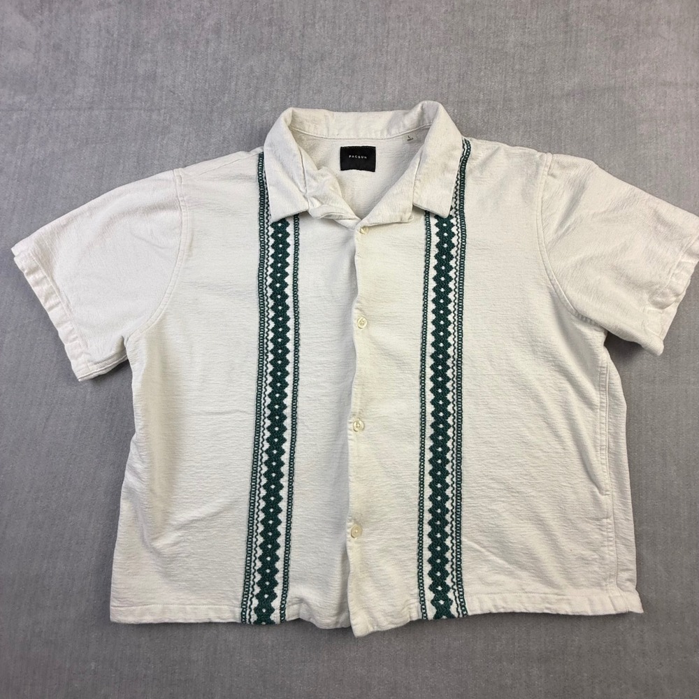 PacSun Mens Large Cream Cotton Textured Embroidered Short Sleeve Camp Shirt